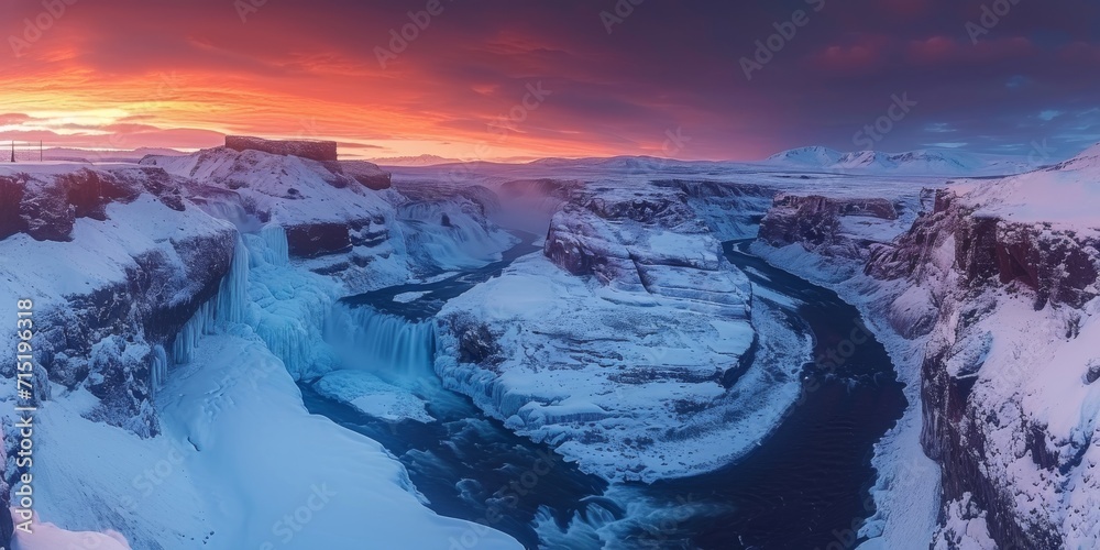 Icy Canyon at Sunset with Snow and River
