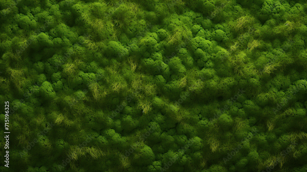 Aerial view of a dense, lush green mossy surface, creating a vibrant natural pattern and texture.