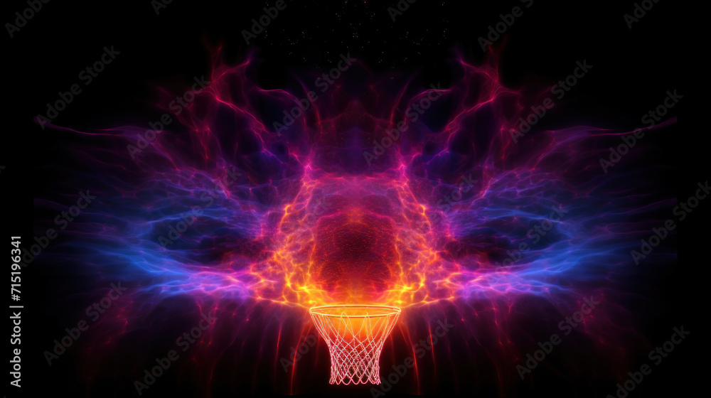 A digital art representation of a basketball hoop enveloped by dynamic fiery and electric waves.
