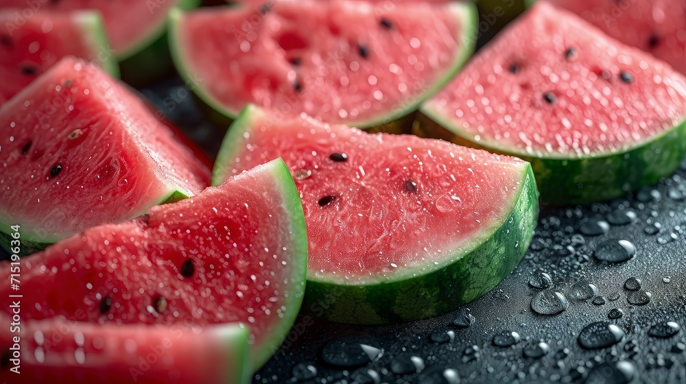 Piles of fresh watermelons slices filled the entire space. wet with water droplets, photographed from above. Piles of fresh watermelons slices filled the entire space. wet with water droplets, photographed from above.