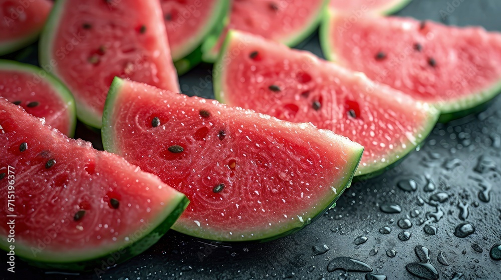 Piles of fresh watermelons slices filled the entire space. wet with water droplets, photographed from above. Piles of fresh watermelons slices filled the entire space. wet with water droplets, photographed from above.
