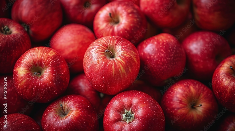 Red apples background, wet with water droplets, are piled into a large container and photographed from above. Red apples background, wet with water droplets, are piled into a large container and photographed from above.
