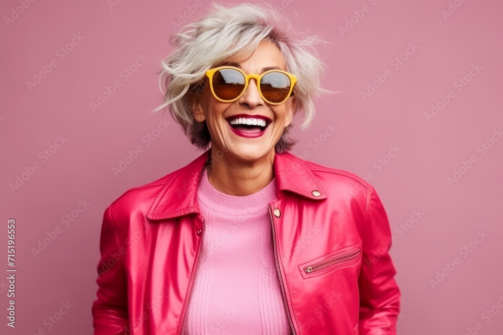Portrait of a happy senior woman in pink jacket and sunglasses over pink background Portrait of a happy senior woman in pink jacket and sunglasses over pink background