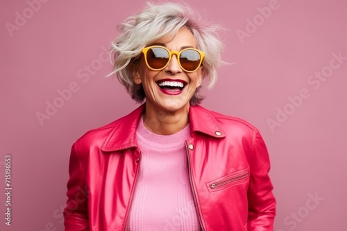 Portrait of a happy senior woman in pink jacket and sunglasses over pink background © Inigo