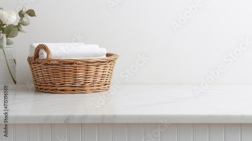 A wicker basket filled with white towels on a marble countertop, evoking a spa-like atmosphere in a home setting.