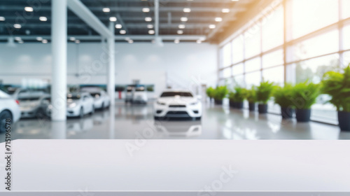 A modern car dealership showroom with a selection of vehicles, presented in a blurry background for promotional use.