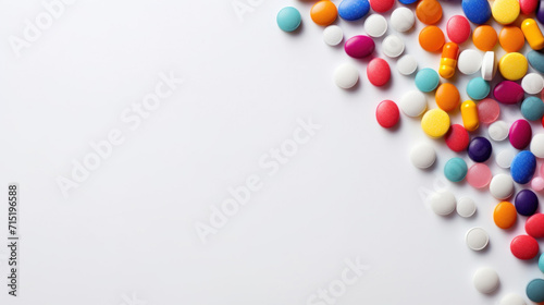 A variety of colorful medication pills scattered on a white background, depicting pharmaceutical diversity and health care.