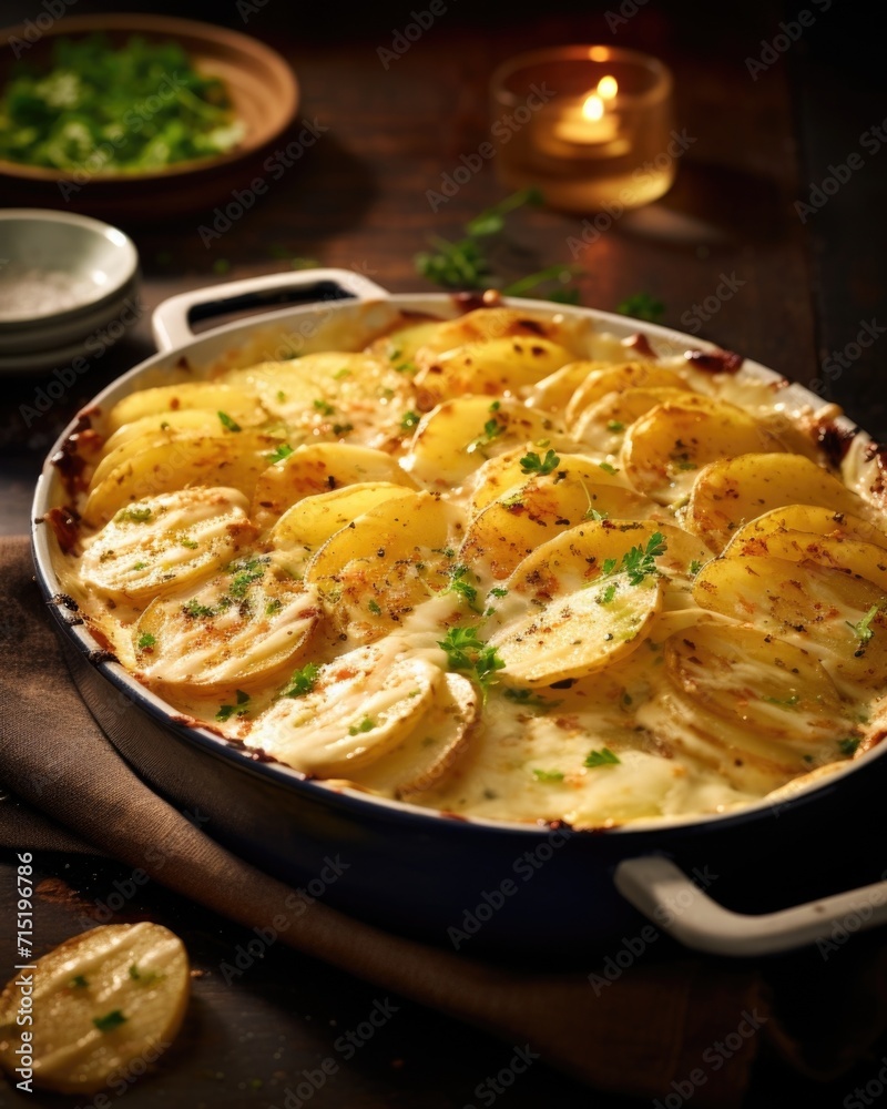 A vivid overhead shot framing a generous portion of golden scalloped potatoes, highlighting the intricate detail of thinly sliced potatoes nestled in a creamy cheese sauce, a true culinary A vivid overhead shot framing a generous portion of golden scalloped potatoes, highlighting the intricate detail of thinly sliced potatoes nestled in a creamy cheese sauce, a true culinary
