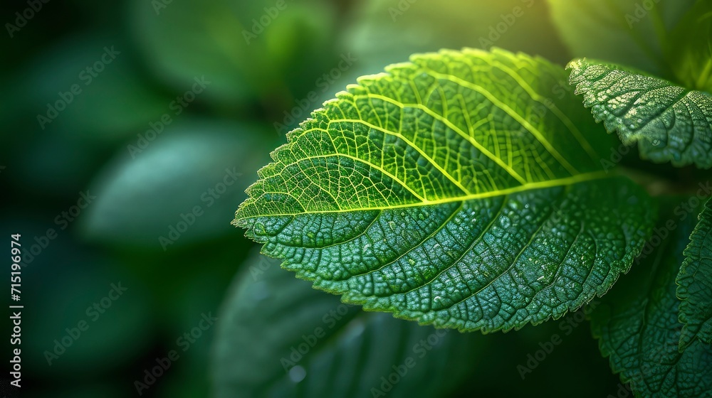 Close-up of green leaves with blur forest background and dramatic sunlight. Close-up of green leaves with blur forest background and dramatic sunlight.