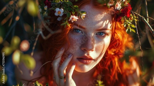 The models fiery red hair and intense gaze evoke images of a powerful sorceress, with her hands adorned with delicate floral rings and her skin glowing in the enchanted forest light.