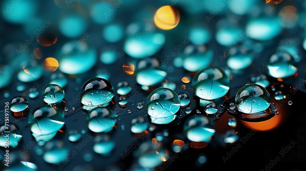 Raindrops close up. looks wet and fresh. bokeh background.