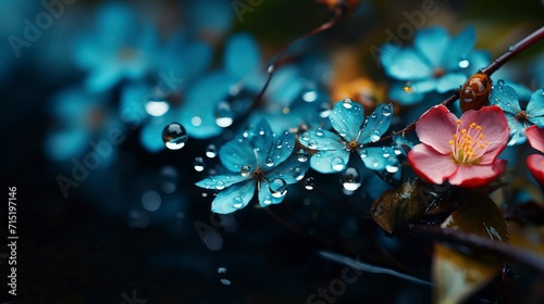 Raindrops on the blue flower after the rain, in the forest looks wet and fresh.