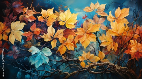 Multicolored fallen maple leaves, vibrant autumn panoramic background. © pengedarseni