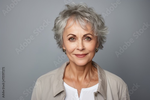 Beautiful mature woman. Portrait of a beautiful mature woman looking at camera and smiling while standing against grey background