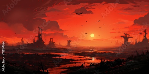 Dystopian Sunset Over Industrial Wasteland