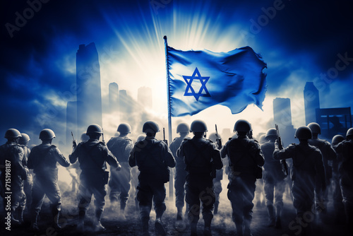 As army stands in front of Israeli flag, it protects people of its country from external aggression AI Generation photo