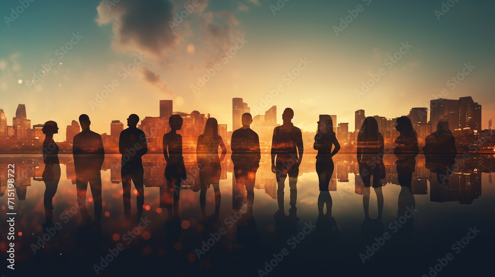 Fototapeta premium Silhouettes of group of businessman in city
