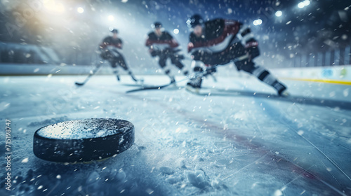Canvas Print Intense ice hockey game action captured with the puck in motion on the rink, AI