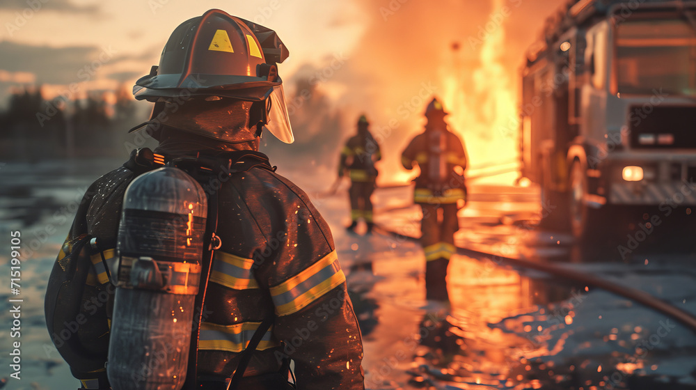 Firefighter in action at dusk is AI Generative. Firefighter in action at dusk is AI Generative.