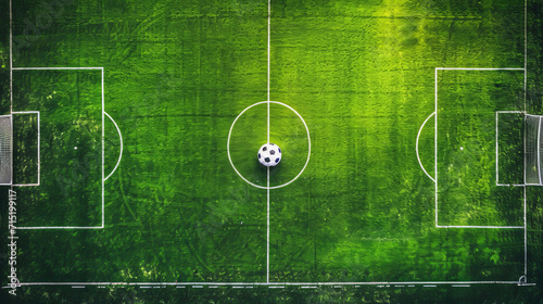 Aerial view of soccer field center is AI Generative.