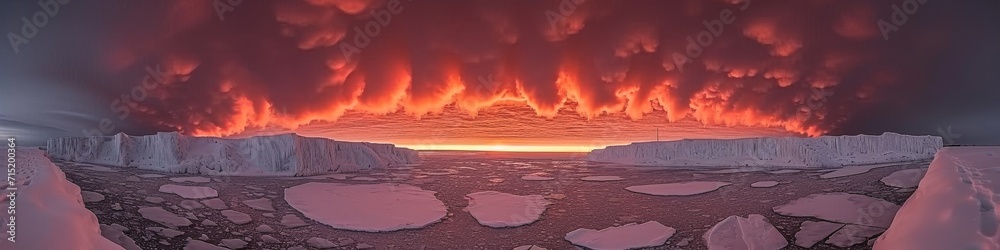 Arctic Ice Melting with Fiery Sky Panoramic View