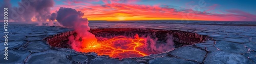 Volcanic Eruption in Ice Landscape at Sunset