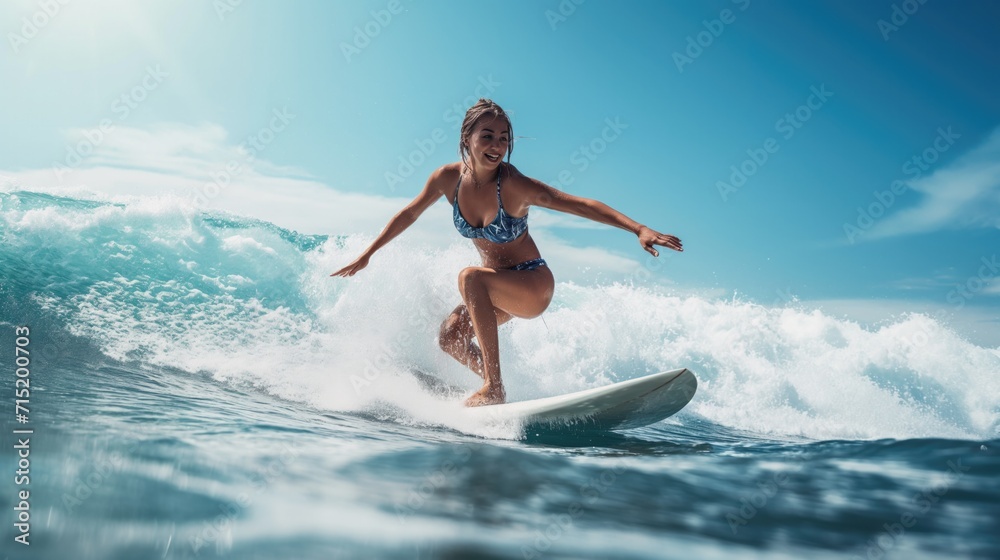 A woman surfer having fun at the beach in summer.