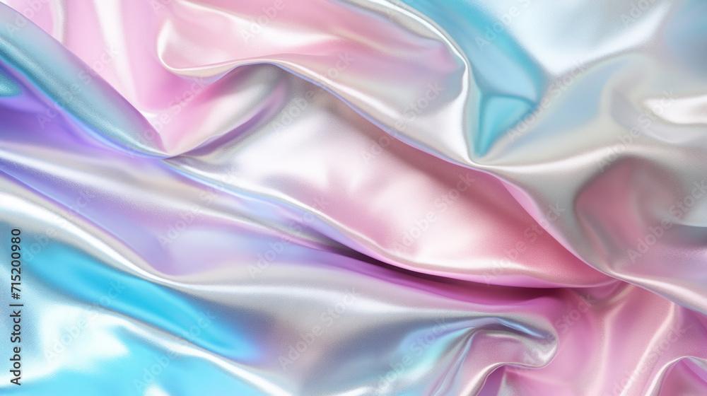Fototapeta premium Shimmering satin fabric in pastel pink and blue tones, draped to create a luxurious and soft texture.