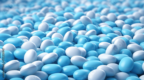 A sea of calming blue pills spread out, representing pharmaceuticals, healthcare, or tranquil concepts in a close-up view.
