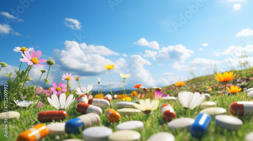 Medication capsules and tablets dispersed among blooming wildflowers in a sunlit field, symbolizing natural remedies.