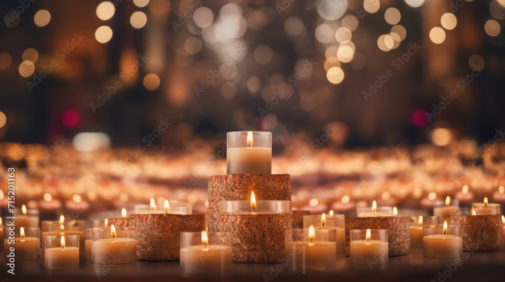 Multiple lit candles placed on granite stands, casting a warm glow amidst soft bokeh lights. - obrazy, fototapety, plakaty 