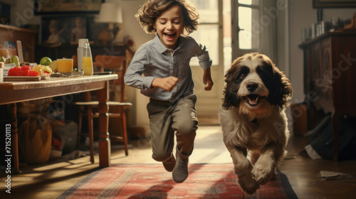 Happy young boy running with a playful dog inside a home with warm lighting. photo