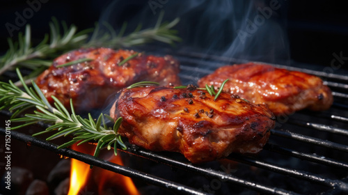 Juicy grilled steaks seasoned with rosemary sprigs cooking over the hot flames of a barbecue grill.