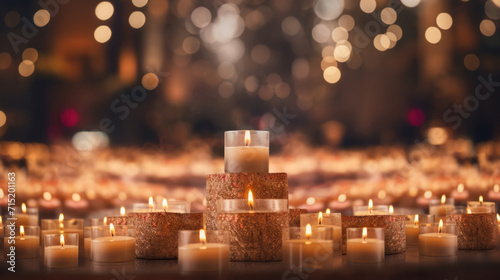Multiple lit candles placed on granite stands, casting a warm glow amidst soft bokeh lights.