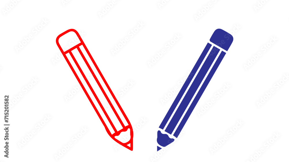 Linear Style Pencils Icon, Blue And Red Pencil On White Background. Linear Style Pencils Icon, Blue And Red Pencil On White Background.