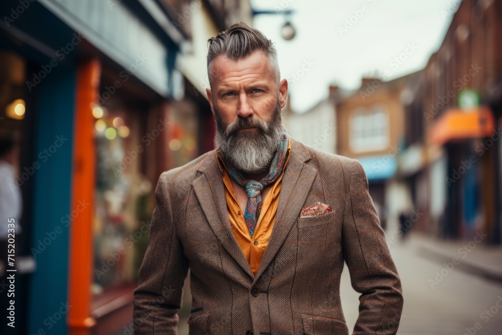 Handsome bearded man in a brown jacket and bow tie on a city street