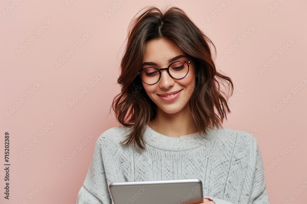 woman with glasses looking at the tablet computer woman with glasses looking at the tablet computer