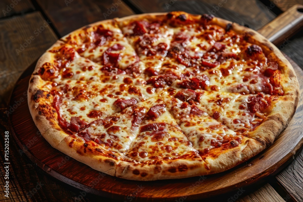 a large pizza sitting on a wooden surface a large pizza sitting on a wooden surface