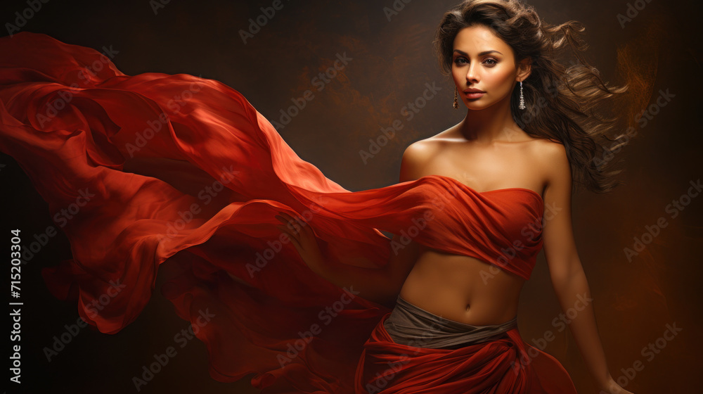 Graceful and sophisticated woman wrapped in a vibrant red silk fabric that flows elegantly, creating a dynamic and luxurious look. Graceful and sophisticated woman wrapped in a vibrant red silk fabric that flows elegantly, creating a dynamic and luxurious look.