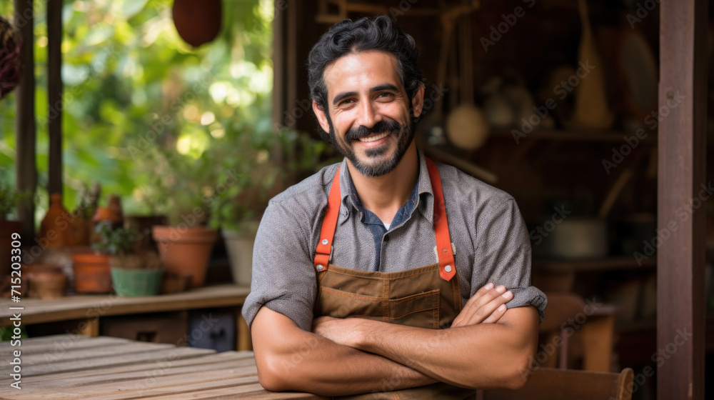 A cheerful male artisan with a welcoming smile standing in his pottery workshop, surrounded by ceramic pots and green plants. A cheerful male artisan with a welcoming smile standing in his pottery workshop, surrounded by ceramic pots and green plants.