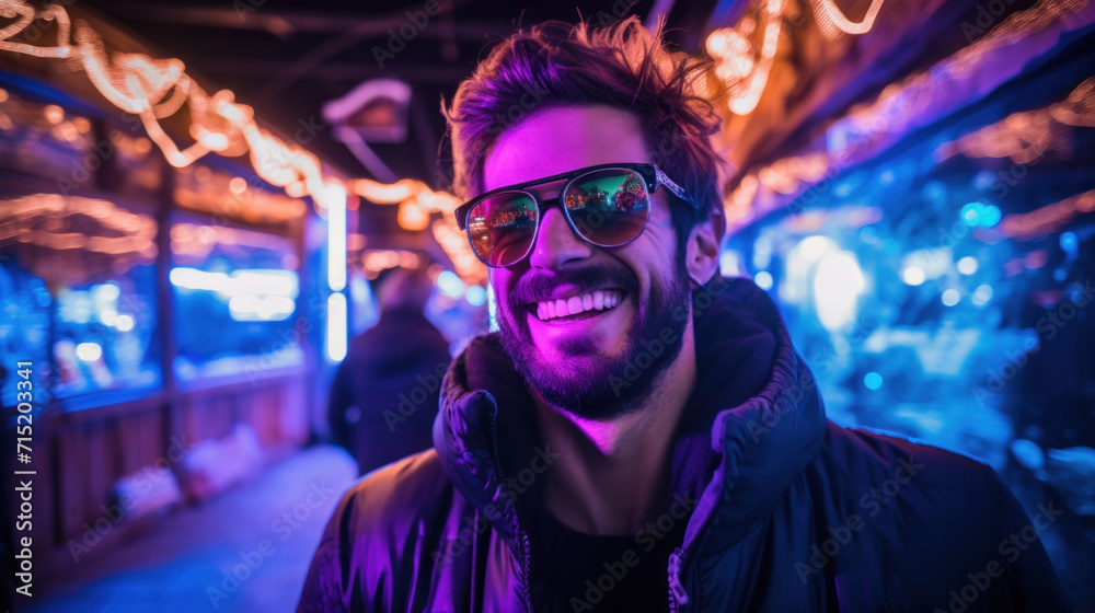 A cheerful man wearing sunglasses stands illuminated by vibrant neon lights at a lively outdoor venue at night. A cheerful man wearing sunglasses stands illuminated by vibrant neon lights at a lively outdoor venue at night.