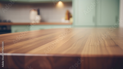 Close-up of a wooden kitchen countertop with a blurred background of a contemporary kitchen setting.