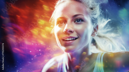 A joyful young woman running energetically, with colorful light flare effects adding a dynamic quality to the image.