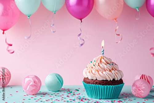 Cupcake with blue frosting and a lit candle  balloons and confetti in the background