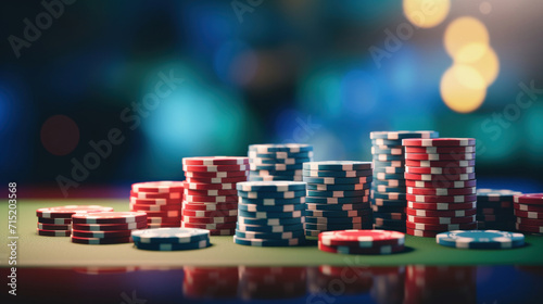 A stack of multicolored casino chips on a gaming table with a blurred, colorful background.