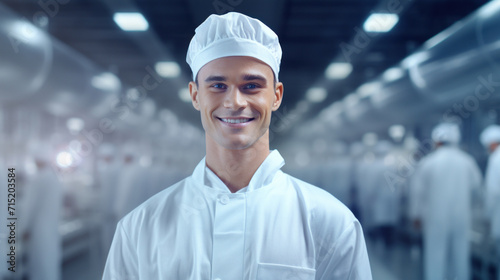 Confident male chef with a pleasant smile, dressed in a white professional uniform in a modern industrial kitchen setting.