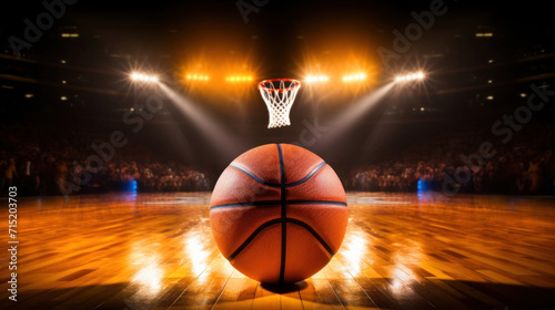 Basketball on a shiny wooden court under the spotlight with the hoop in the background in an arena.