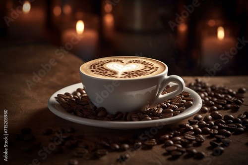 Artistic depiction of a heart-shaped cappuccino and coffee beans on a cafe table. Generative AI