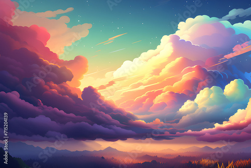 Light and Color in the Sky: an illustration of a rainbow expressed in multicolored clouds and a bright sky generative ai