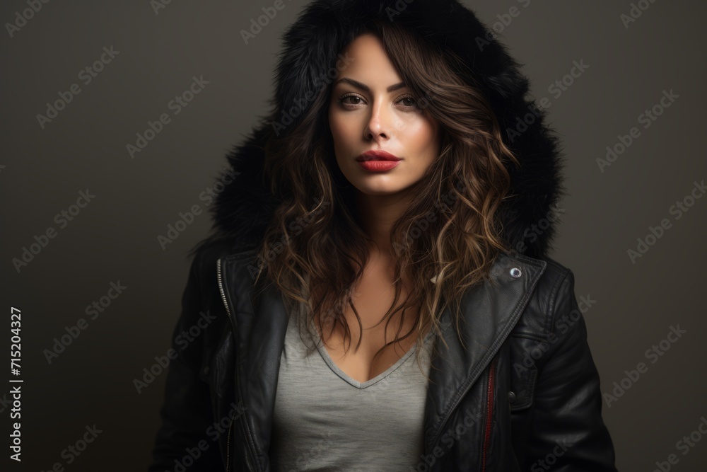 Fashionable young woman in a black leather jacket and fur hat.
